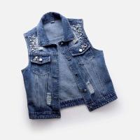 Chaleco Denim Vintage Chaleco Casual de Una Sola Pared para Mujeres Decoración de Cuentas Sueltas - details 5