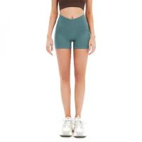Pantalones cortos de yoga para mujer, pantalones cortos de fitness, pantalones cortos elásticos acanalados con cintura en forma de V de color sólido sin costuras, pantalones cortos con cuerda para saltar - details 7