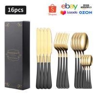 Vajilla de acero inoxidable para cocina, juego de tenedor, cuchara, cuchillo, cubiertos negros, 16 piezas - details 7