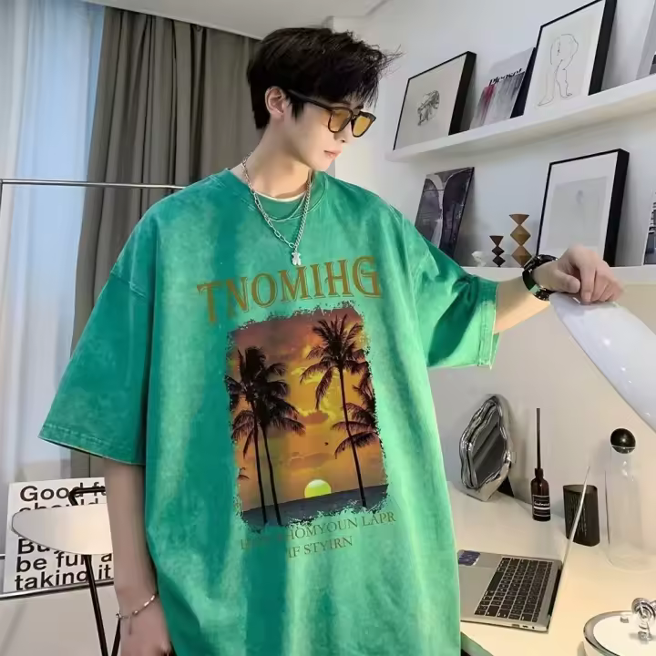 Camiseta Casual de Verano para Hombres Estilo Coreano a la Moda Manga Corta, Impresión Tendencia, 100% Algodón - 1
