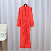 Vestido Midi plisado de manga acampanada para mujer, elegante, liso, con cuello en V, cintura alta, ajustado - details 4