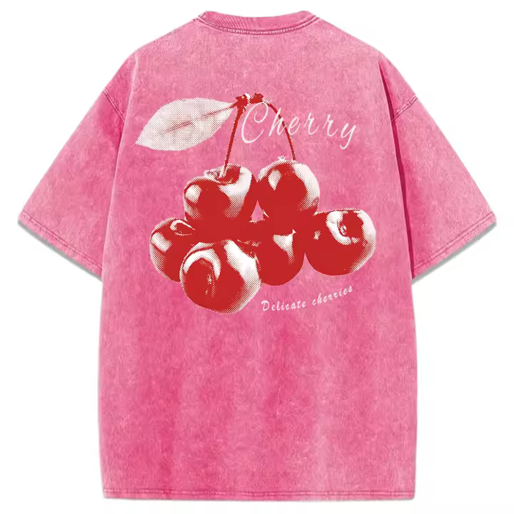 Camiseta de Mujer de Algodón con Estampado de Cerezas Cuello Redondo, Manga Corta, Moda Callejera Fresca y Delicada - 1