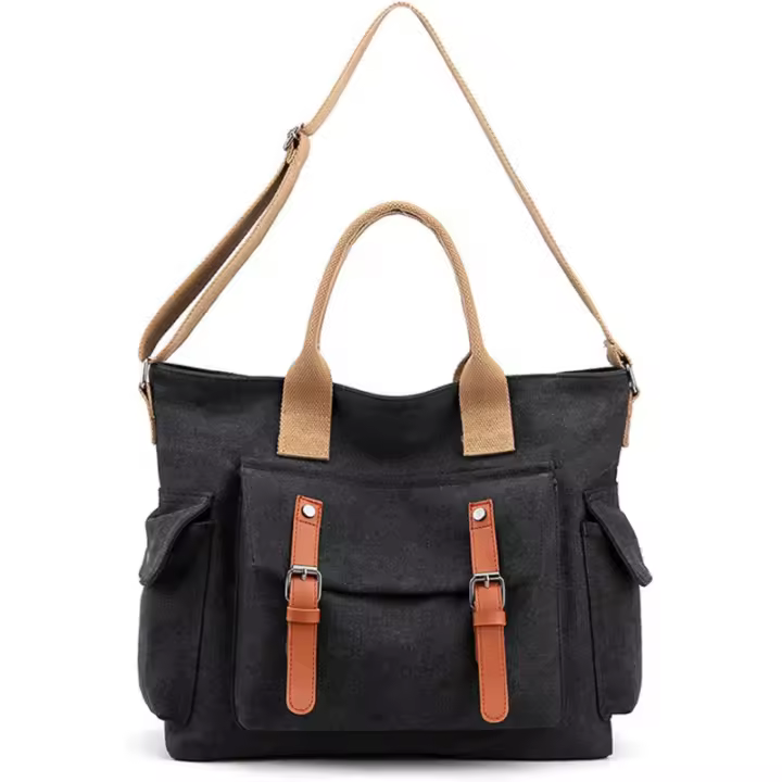 Bolso bandolera de lona vintage, bolso hobo con bolsillos, bolso de mano unisex de tamaño mediano - 1
