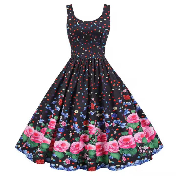 Vestido midi de fiesta sin mangas elegante con cintura alta y estampado floral con tirantes finos vintage para mujer - 1