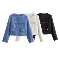 Chaqueta de Tweed con Punto de Volteo Primaveral Abrigo Corto de Cuello Redondo de Una Sola Brecha para Damas Top de Moda - details 0