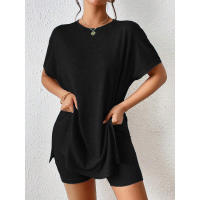Conjunto de Dos Piezas Cómodo de Color Sólido Manga de Bato, Cuello Redondo, Shorts Ajustados para Mujeres - details 15
