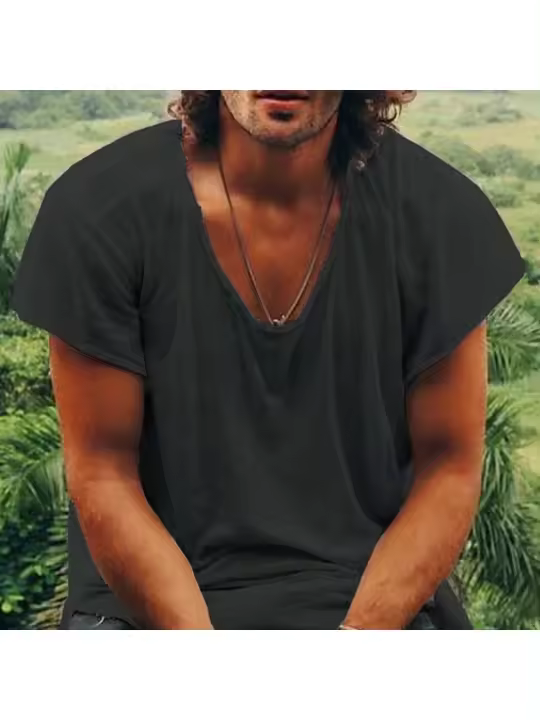 Camiseta fina de verano para hombre 2025, camisa de fondo con cuello redondo de talla europea suelta de color sólido - 1