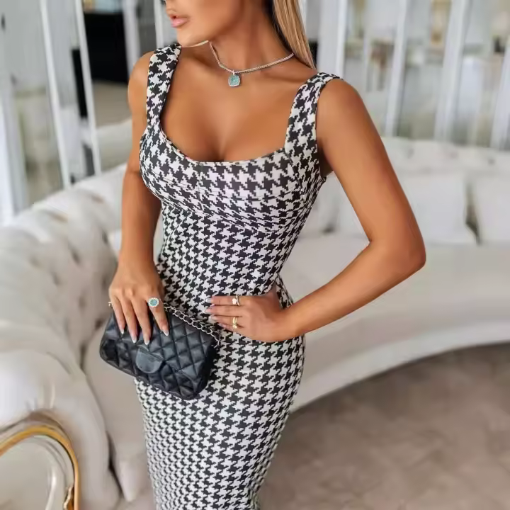 Vestido ajustado largo y ajustado con estampado de pata de gallo y cuello bajo para mujer, sin mangas, cintura alta, a la moda - 1