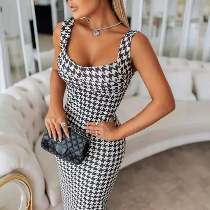 Vestido ajustado largo y ajustado con estampado de pata de gallo y cuello bajo para mujer, sin mangas, cintura alta, a la moda - 1