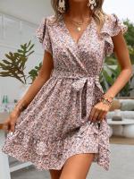 Mini Vestido Floral de Verano Cuello en V, Manga Corta con Volantes, Vestido Elegante de Línea A con Cinturón para Mujeres - details 1