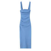 Ropa de mujer europea y americana plisada decorativa Midi vestido delgado azul - details 1