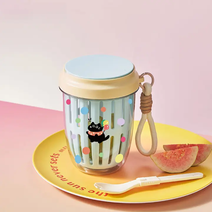 Taza de fruta portátil taza de ensalada de aspecto alto con tenedor y cuchara de Picnic de doble capa drenando taza fresca - 1