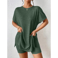 Conjunto de Dos Piezas Cómodo de Color Sólido Manga de Bato, Cuello Redondo, Shorts Ajustados para Mujeres - details 16