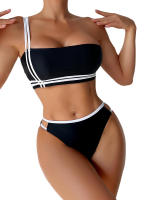 Conjunto de Bikini unicolor con tirantes para mujer, Sexy para el hombro con una correa traje de baño, 2 piezas - details 6