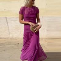 Elegante Vestido de Fiesta de Moda Manga Corta, Cuello O, Vestido Largo con Pliegues y Parches de Malla Ropa de Comodidad Casual para Mujeres - details 0