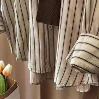 Camisa de mujer de dos piezas falsa estilo Maillard de otoño, chal tejido marrón, camisa con Raya Vertical en la espalda, blusa, camisa de mujer de estilo francés - details 11