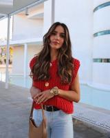 Abrigo de cintura roja Vintage para mujer, chaleco con Bolsillo grande, cárdigan de punto sin mangas, suéter suelto informal - details 4