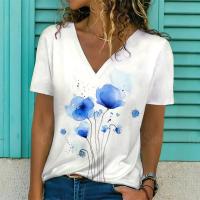 Camiseta de Manga Corta con Cuello en V Moda Blanca para Mujeres Estampado 3D de Lavanda - details 4