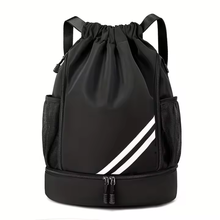 Mochila deportiva SEYATULLH con cordón - Poliéster duradero, multicámara para gimnasio, yoga, correr, baloncesto y fútbol - Negro con detalles blancos y rayados, correas de hombro ajustables, ideal para viajes y actividades al aire libre. - 1