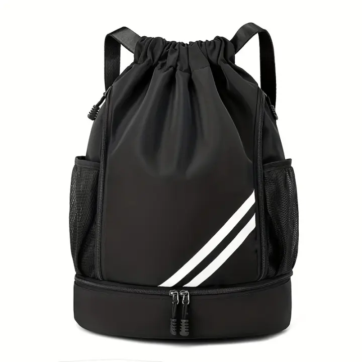 Mochila deportiva SEYATULLH con cordón - Poliéster duradero, multicámara para gimnasio, yoga, correr, baloncesto y fútbol - Negro con detalles blancos y rayados, correas de hombro ajustables, ideal para viajes y actividades al aire libre. - 1