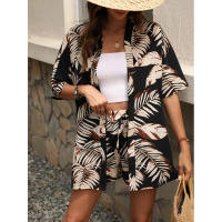 Estampado vacacional elegante blusa de dos piezas manga corta top con cordones talle alto shorts blaster - details 5