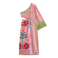 BUNO-Vestido Midi con borla y hombro Diagonal para mujer, cintura elegante, ahuecado, asimétrico, dobladillo Irregular, Vestido de noche de fiesta de verano - details 6