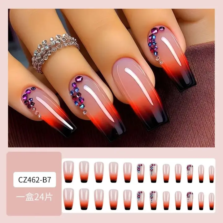 24 Piezas de Uñas Falso Uñas Largas de Ballet en Rojo Negro Puntras de Diamante Set Completo - 1