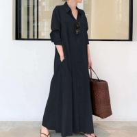 Vestidos sencillos e informales de Color liso para mujer, vestidos largos holgados con solapa y manga de un solo pecho, Vestidos para ir al trabajo - details 6