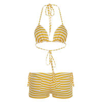 Conjunto de dos piezas de bikini a rayas sexy estilo vacacional americano Lianlianbuwang, top halter y shorts para chica atractiva - details 29