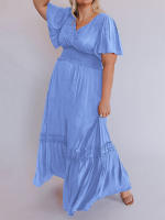 Vestido largo de encaje formal con cuello en V para mujer, con volantes y flecos, manga corta, estilo bohemio, para invitados de boda - details 4
