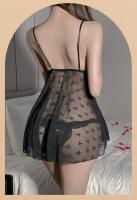 Camisón transparente de lencería sexy con tirantes de perlas y lazo de mariposa con ribete de encaje puro - details 13