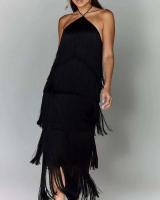 Vestido con abertura y espalda descubierta con flecos y cuello a la moda para mujer - details 9