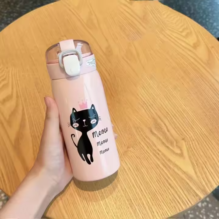 Bonita botella de agua térmica de gato de dibujos animados de 350ml/500ml, diseño de paja, termo a prueba de fugas, vaso aislado de acero inoxidable para coche - 1