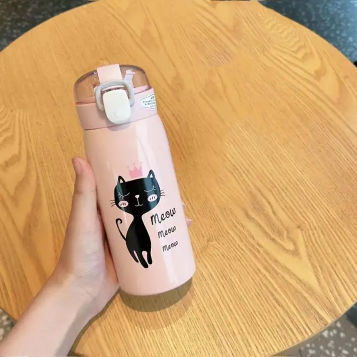 Bonita botella de agua térmica de gato de dibujos animados de 350ml/500ml, diseño de paja, termo a prueba de fugas, vaso aislado de acero inoxidable para coche - 1