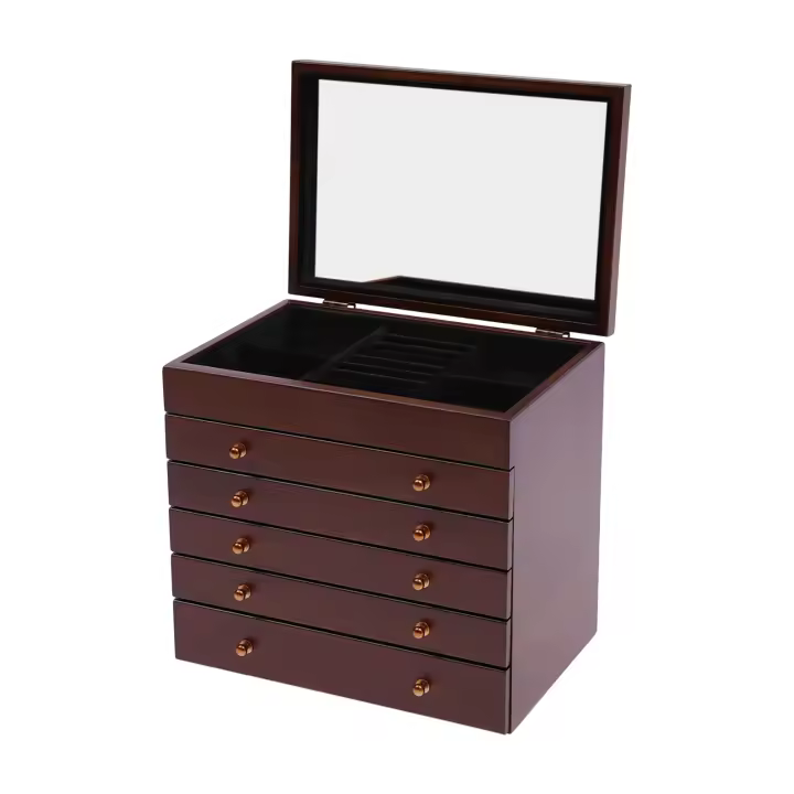 Caja de almacenamiento de joyas de madera de 6 capas con espejo y cerradura para joyas, anillos, collares y relojes - 1