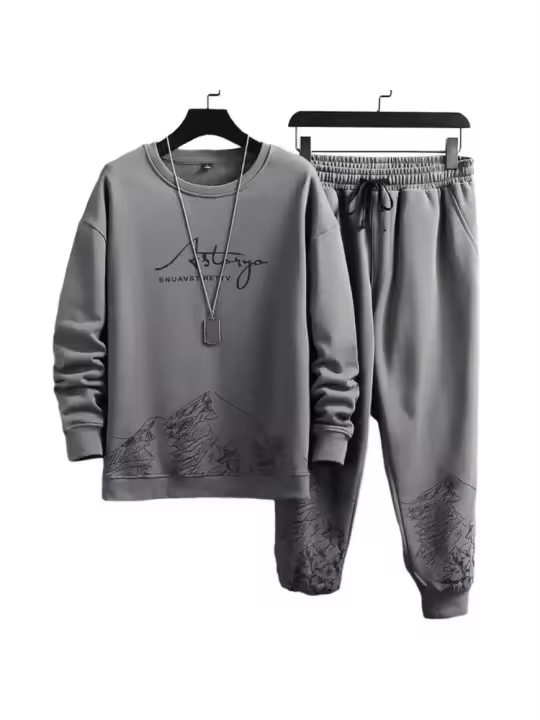 Chándal cómodo para hombre, conjunto de chándal con estampado de montaña y sudadera con cuello redondo, pantalones de correr con cordón para Otoño e Invierno - 1