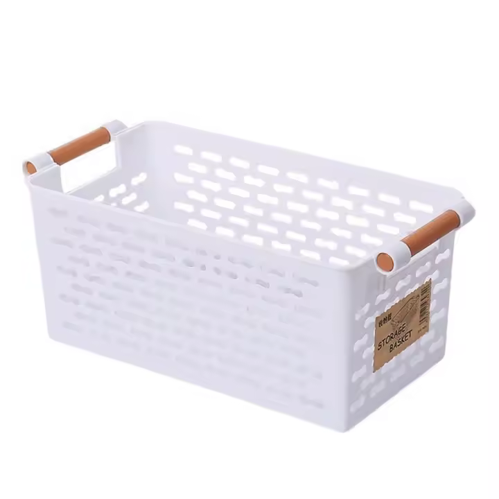 Cesta de almacenamiento hueca de plástico, cesta de almacenamiento de artículos diversos ventilada blanca/negra con asa, cesta de baño Rectangular para Baño - 1