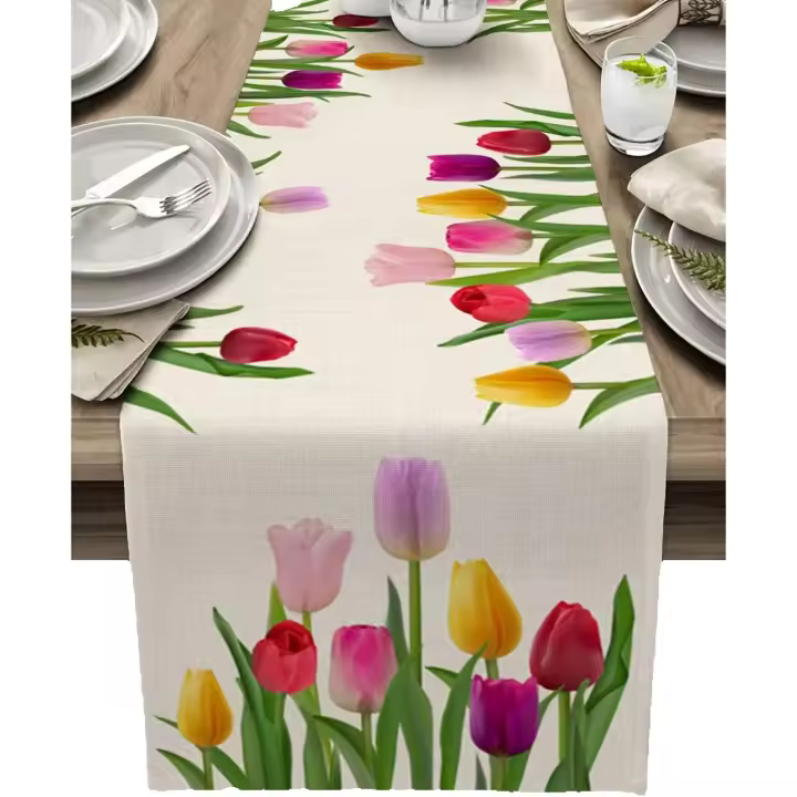 Camino de mesa de tulipán azul para mesa de comedor, decoración de cocina, antimanchas mantel, Rectangular, moderno, elegante - 1