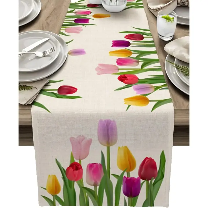 Camino de mesa de tulipán azul para mesa de comedor, decoración de cocina, antimanchas mantel, Rectangular, moderno, elegante - 1
