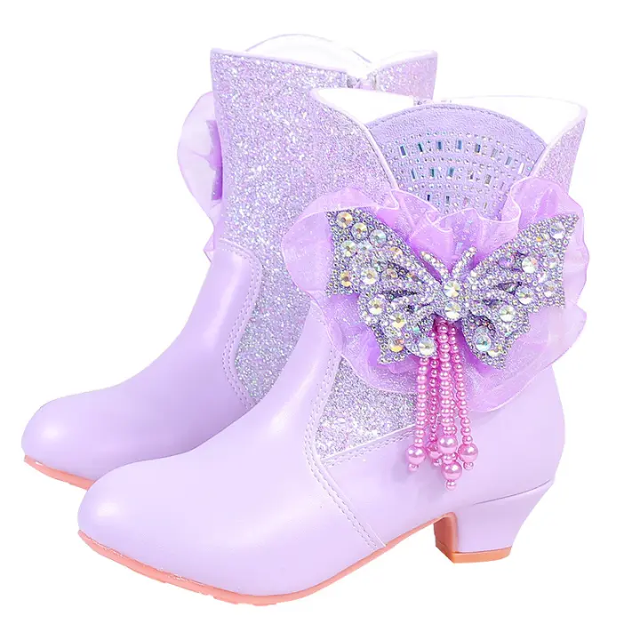 Botas de princesa para niñas Botas medianas cálidas para niños con lazo de pelo - 1