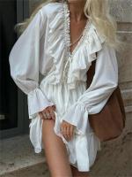 Elegante Vestido Mini de Cintura Alta con Encaje Manga Larga, Agujero en la Cintura, Lazo de Moda para Mujeres - details 8