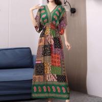 Casual bohemio estilo nacional con cuello en V cintura elástica gran Swing impreso verano Falda larga mujer vestido ropa - details 37
