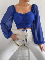 Camiseta Sexy de malla con mangas acampanadas y cordón para mujer, camiseta con ombligo descubierto en el pecho, parte inferior de manga larga - details 8