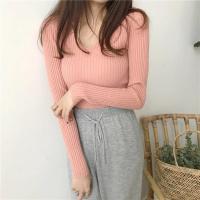 Suéter Sexy ajustado con cuello en V para mujer Manga larga de punto con parte inferior suave - details 24