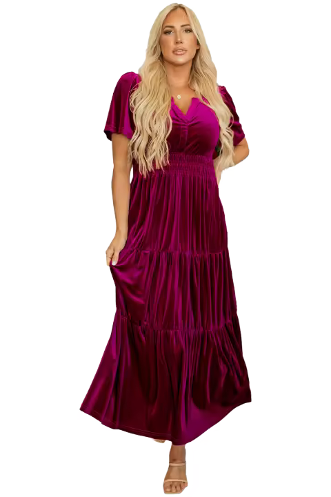 Elrachen Vestido largo escalonado de terciopelo para mujer, dalia roja, tallas S-XL - 1