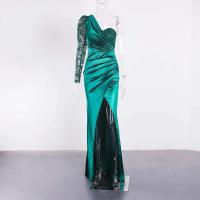 Vestido de noche de satén, lentejuelas de un hombro, vestido de graduación largo hasta el suelo dividido - details 6