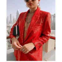Traje de Fiesta Navideño Rojo con Lentejuelas Cuello Redondo, Manga Larga, Botón Único, Moda para Mujeres 2025 - details 3