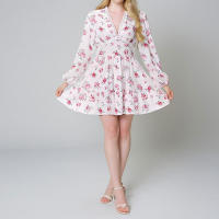 Ropa de mujer europea y americana nuevo temperamento dulce impresión con cuello en v cintura de encaje vestido corto - details 7