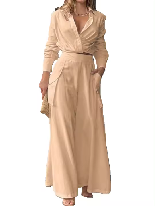 Nuevo Conjunto informal de 2 piezas para mujer, camisa elegante de manga larga con cuello vuelto y pantalones de pierna ancha, novedad de 2025 - 1