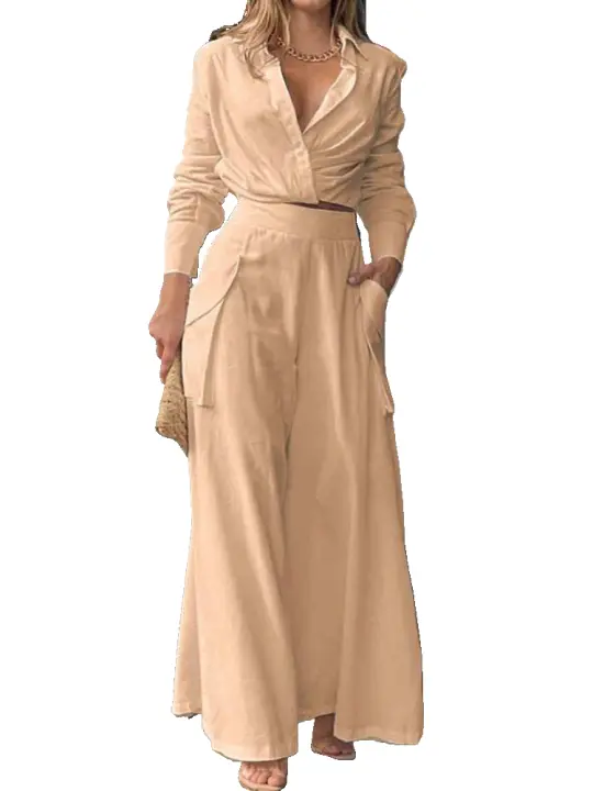 Nuevo Conjunto informal de 2 piezas para mujer, camisa elegante de manga larga con cuello vuelto y pantalones de pierna ancha, novedad de 2025 - 1